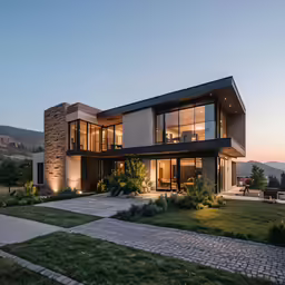 a modern home is sitting in the grass