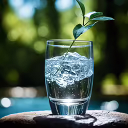 water is being poured in the glass with the stems sprout