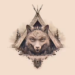 a wolf face that is in front of a teepeel