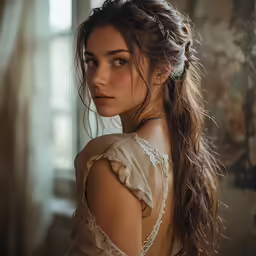 the young woman with a pretty head piece stands in front of a window