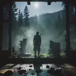 a person standing under a forest during a sunlit concert