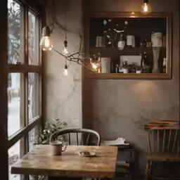 an image of a small cafe setting with lights and bottles