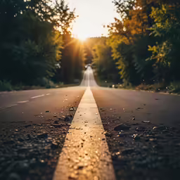 the sun sets on the road that passes by