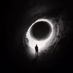 a man is standing in a dark tunnel