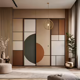 a living room with some large art and a couch