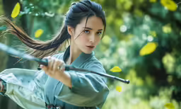 a young woman holding a wooden stick in a forest