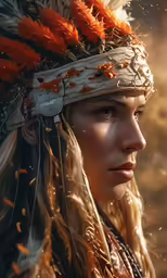 the girl in the indian headdress is staring forward