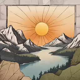 a painting of a mountain lake and sunset