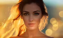 woman with hair blowing in wind on golden colored night