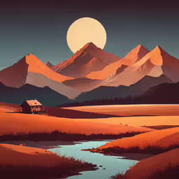 the mountains have a little red sky to draw,a painting with the sun behind a mountain range