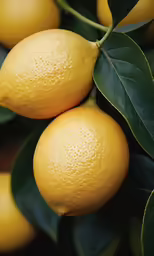 close up image of two yellow oranges with leaves