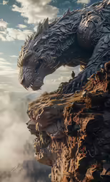 a dragon statue on top of a cliff in the clouds