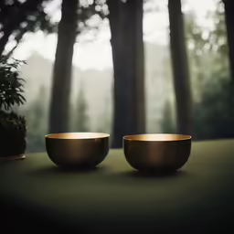 a couple of shiny bowls on a green surface