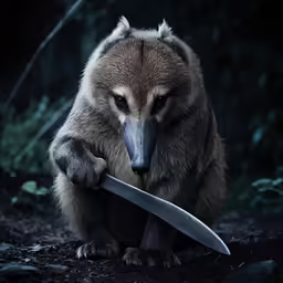a large brown bear holding a big knife