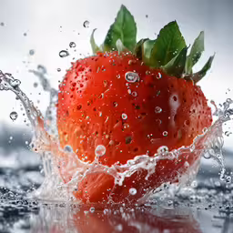 a red strawberry with water splashing from the stem