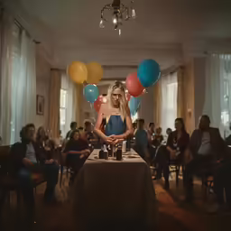 woman standing in front of a table with various colored balloons in the air