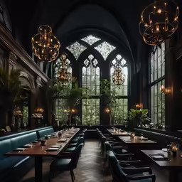 an indoor dining room with an arched window