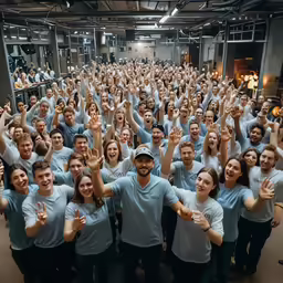 a crowd of people standing next to each other with one person showing the peace sign