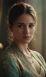 a woman in a gown and necklace posing for the camera