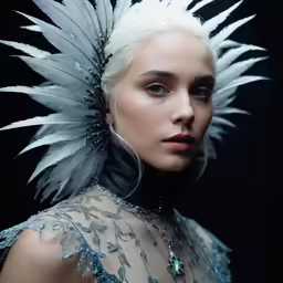 a woman in a costume with large white feathers on her head