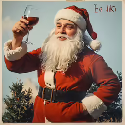 a santa claus clause is holding a glass of wine