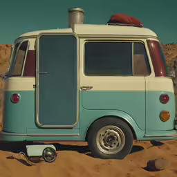 a blue and white truck is parked on sand