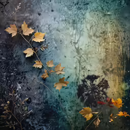 two leaves are splaying on the window with a rainbow and clouds behind them
