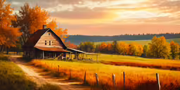 the view of a rural countryside with trees and a barn,a house with a road and trees in the background