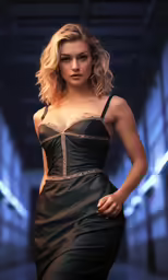 woman in an evening dress is posing for a fashion picture