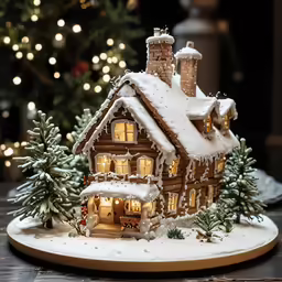 an illuminated christmas cabin in front of a tree