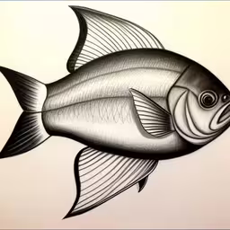 the image shows a drawing of a fish with big ears,a big fish with very long fins on the water