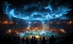 an auditorium with lighting and a sky filled with clouds