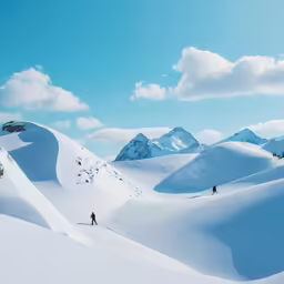 skiers glide across the snow in front of snowy mountains