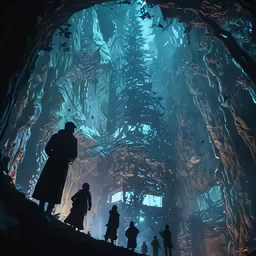 the scene of a sci fi fi land with three people in silhouette