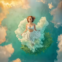 a woman in a white dress flying through the sky