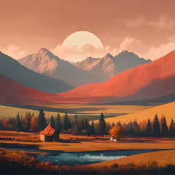 the sun shines on the mountains above the village and river,there is a red house in a field next to a river