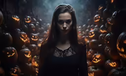 a woman standing in front of pumpkins