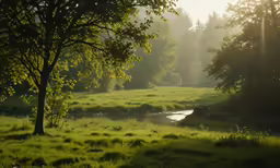 the sun shines through some trees and grass