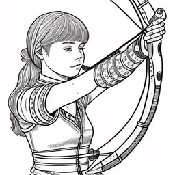 an outline drawing of a girl aiming with her bow,a drawing of a girl holding an arrow and looking back