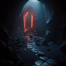 an open doorway leading to a stairway and water