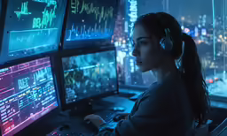 a woman wearing headphones using four computer monitors