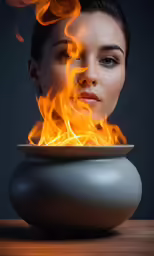 woman with blue eyes and ring with flames burning behind her