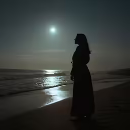 a woman in a dark dress standing on the beach