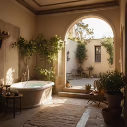 the tub sits in front of an arched window
