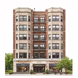 this large brick building has several stories and stores