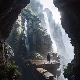 a person standing at the entrance to a waterfall