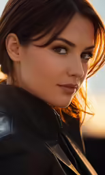 a woman is standing wearing a black leather jacket