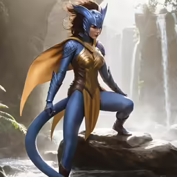 a female in costume and a cape standing on a rock