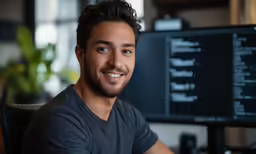 a man sitting next to his computer in front of a monitor
