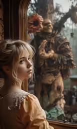 a woman looks out of a window at a statue